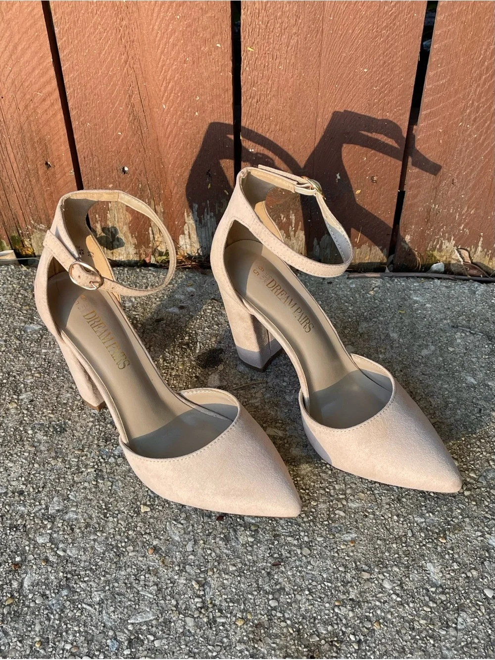 Ankle-Strap Pointed-Toe Chunky Platform Heels in Nude Beige Suede size 6.5 NWOT - Picture 4 of 10